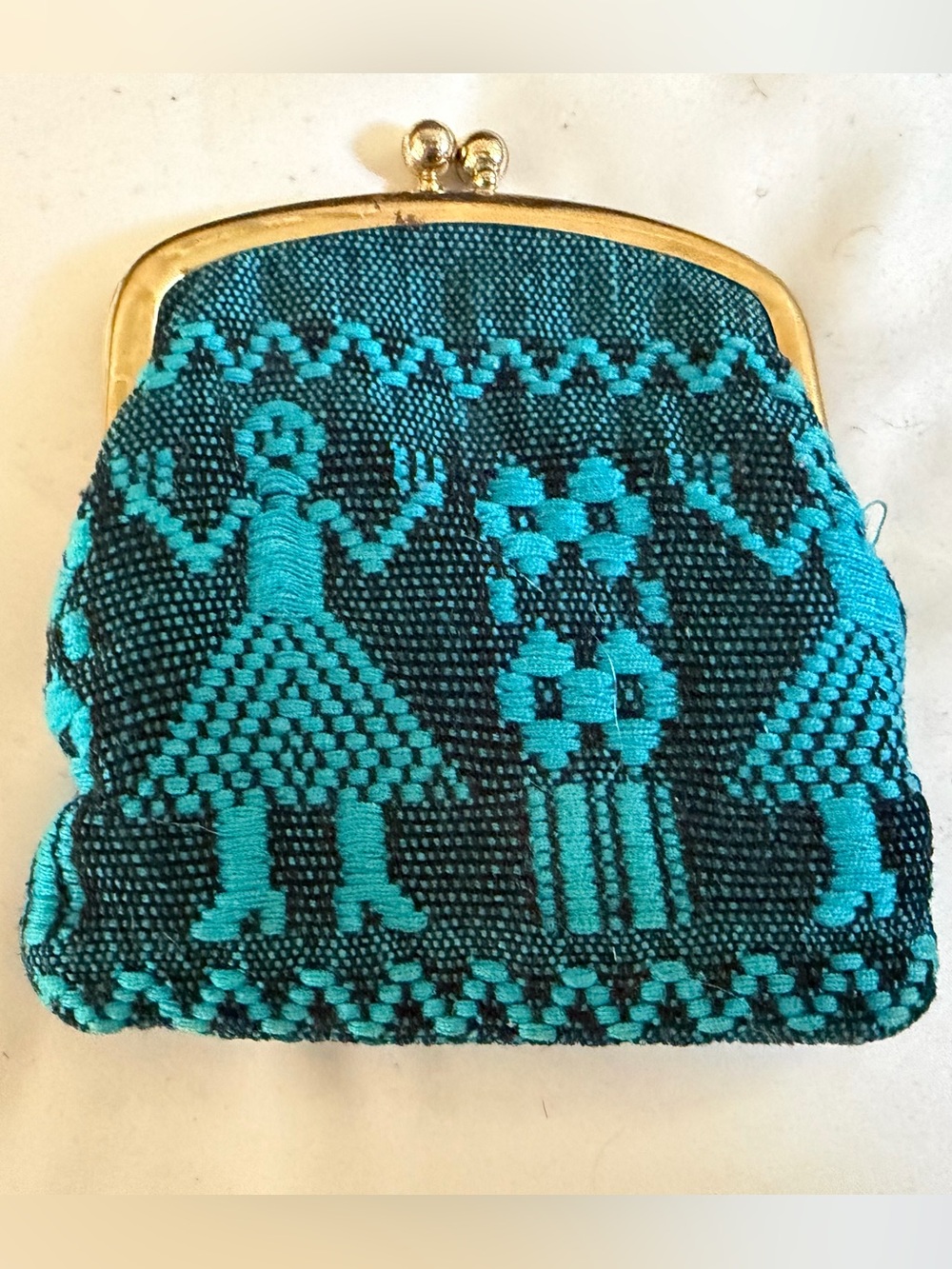 Handwoven Made in Mexico Teal and Black Embroidered Coin Purse w/Kiss Clasp